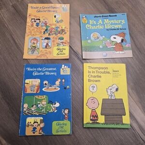 4 Vintage Peanuts Snoopy Books Trouble Mystery Good Sport Charlie Brown Lot